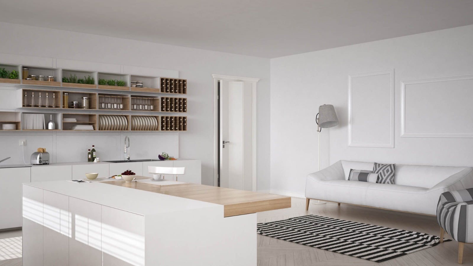 Interior de una cocina con muebles blancos, estantes de pared de